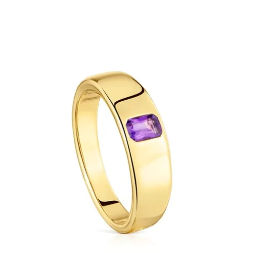 Anel carimbo banhado a ouro de 18 K sobre prata e ametista TOUS Basic Colors