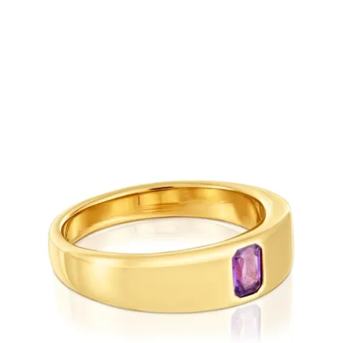 Anel carimbo banhado a ouro de 18 K sobre prata e ametista TOUS Basic Colors