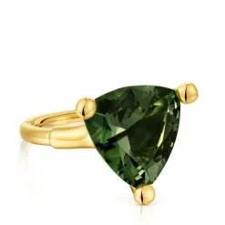 Anel grande banhado a ouro de 18 K sobre prata e espinélio verde criado em laboratório TOUS Color LGG