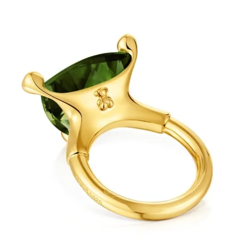 Anel grande banhado a ouro de 18 K sobre prata e espinélio verde criado em laboratório TOUS Color LGG