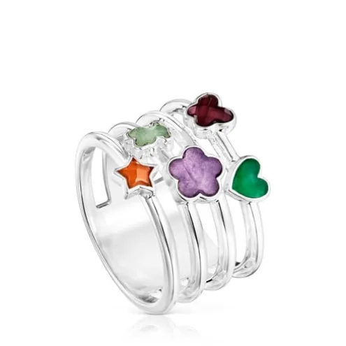 Anel largo em prata e pedras preciosas motivos Bold Motif