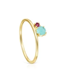 Anel Mini Ivette em Ouro com Amazonite e Rubi