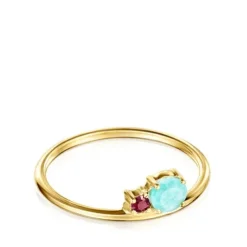 Anel Mini Ivette em Ouro com Amazonite e Rubi