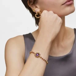 Bracelet chaîne fleur en argent plaqué or 18 ct et améthyste Sugar Party