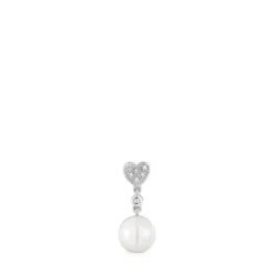 Brinco solto curto coração em ouro branco com diamantes e pérola cultivada TOUS Grain
