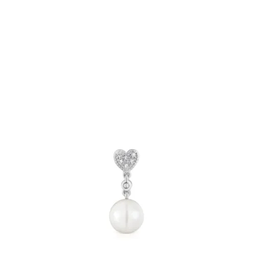Brinco solto curto coração em ouro branco com diamantes e pérola cultivada TOUS Grain