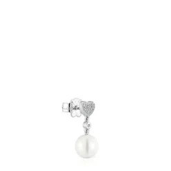 Brinco solto curto coração em ouro branco com diamantes e pérola cultivada TOUS Grain