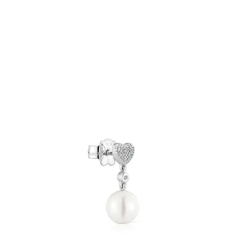 Brinco solto curto coração em ouro branco com diamantes e pérola cultivada TOUS Grain