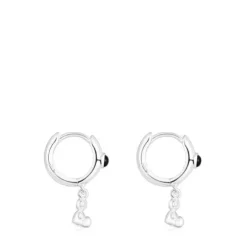 Brincos argola em prata com ónix e motivo de urso Bold Bear
