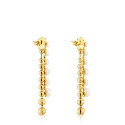 Brincos compridos duplos banhados a ouro de 18 K sobre prata e pérolas cultivadas Gloss