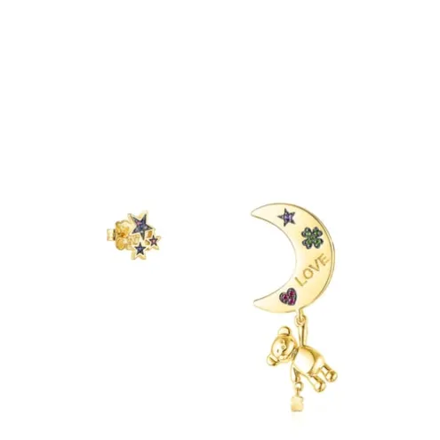 Brincos curto/comprido Teddy Bear Stars lua em Prata vermeil e Pedras preciosas