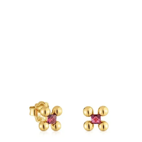 Brincos curtos banhados a ouro 18 K sobre prata e rodolita Sugar Party