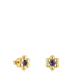 Brincos curtos flor banhados a ouro 18 K sobre prata e iolita Sugar Party