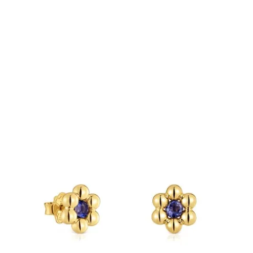 Brincos curtos flor banhados a ouro 18 K sobre prata e iolita Sugar Party
