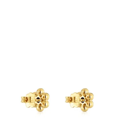 Brincos curtos flor banhados a ouro 18 K sobre prata e iolita Sugar Party