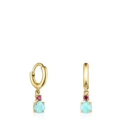 Brincos curtos Mini Ivette em Ouro com Amazonite e Rubi