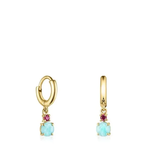 Brincos curtos Mini Ivette em Ouro com Amazonite e Rubi