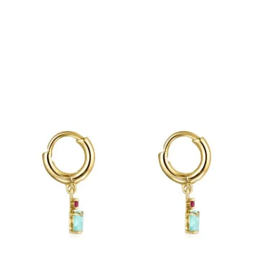Brincos curtos Mini Ivette em Ouro com Amazonite e Rubi