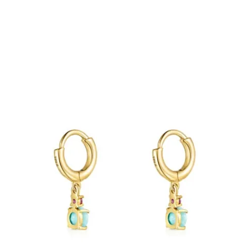 Brincos curtos Mini Ivette em Ouro com Amazonite e Rubi