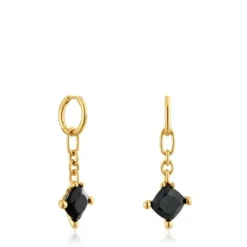 Brincos de argola compridos banhados a ouro de 18 K sobre prata e ónix Color Black