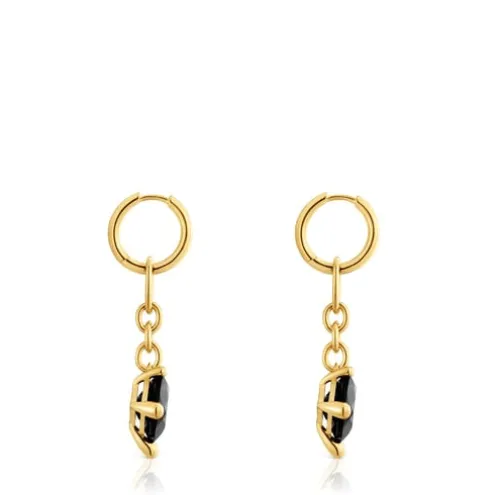 Brincos de argola compridos banhados a ouro de 18 K sobre prata e ónix Color Black