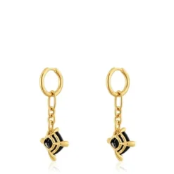 Brincos de argola compridos banhados a ouro de 18 K sobre prata e ónix Color Black