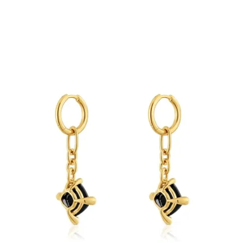Brincos de argola compridos banhados a ouro de 18 K sobre prata e ónix Color Black