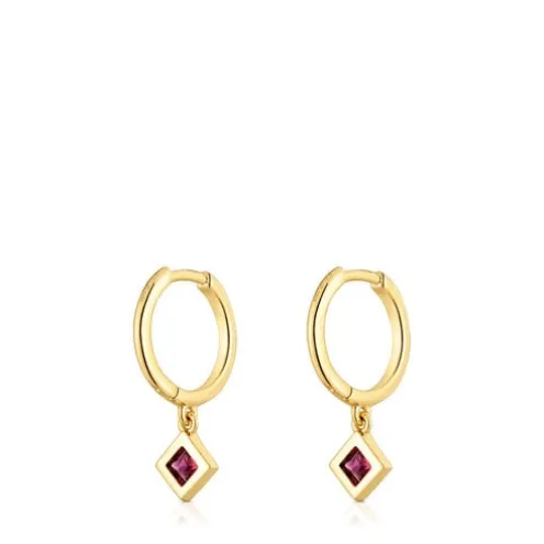 Brincos de argola curtos banhados a ouro de 18 K sobre prata e detalhe rodolita TOUS Basic Colors