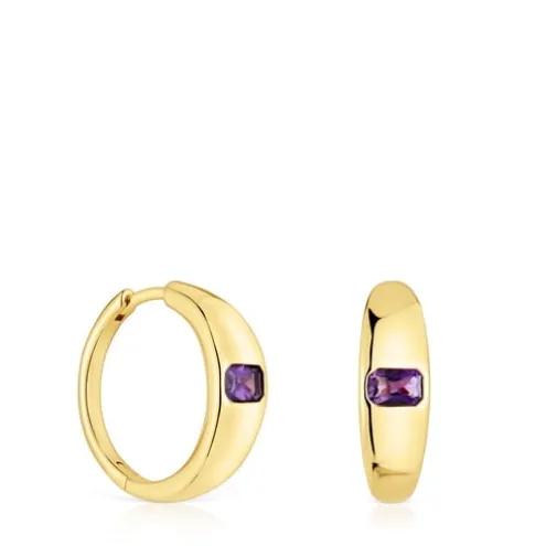 Brincos de argola curtos banhados a ouro de 18 K sobre prata e ametista TOUS Basic Colors