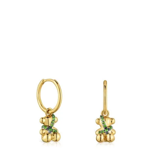Brincos de argola curtos urso com banho de ouro de 18 K sobre prata e cromodiópsido Lligat