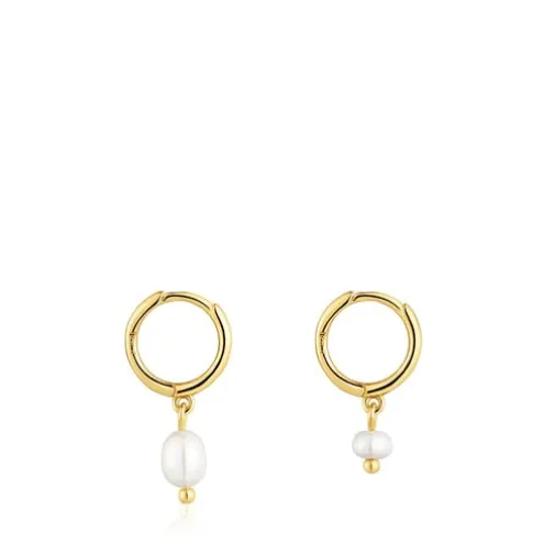 Brincos de argola curtos com banho de ouro de 18 K sobre prata e pérolas cultivadas Sugar Party