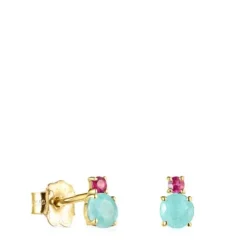 Brincos Mini Ivette em Ouro com Amazonite e Rubi