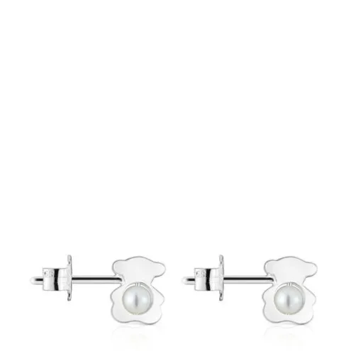 Brincos pequenos 8 mm urso em prata com pérolas cultivadas I-Bear