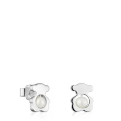 Brincos pequenos 10 mm urso em prata com pérolas cultivadas I-Bear