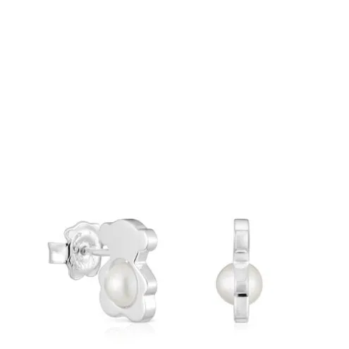 Brincos pequenos 12 mm urso em prata com pérolas cultivadas I-Bear