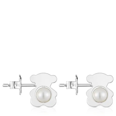 Brincos pequenos 12 mm urso em prata com pérolas cultivadas I-Bear