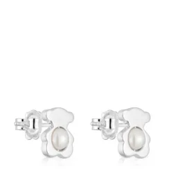 Brincos pequenos 12 mm urso em prata com pérolas cultivadas I-Bear