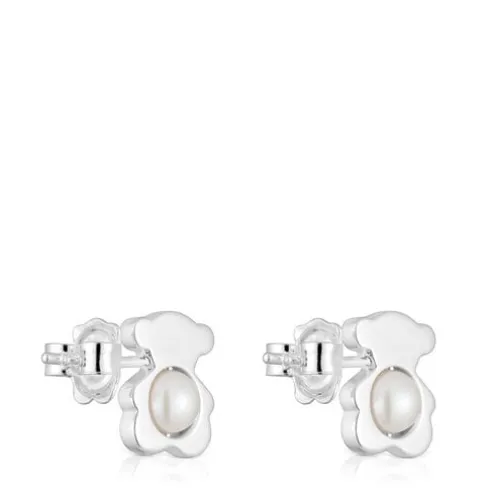 Brincos pequenos 12 mm urso em prata com pérolas cultivadas I-Bear