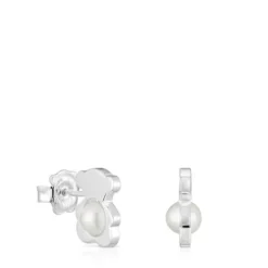 Brincos pequenos 12 mm urso em prata com pérolas cultivadas I-Bear