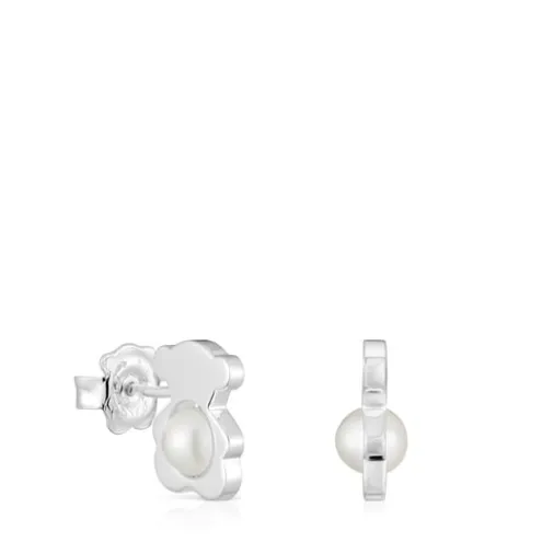 Brincos pequenos 12 mm urso em prata com pérolas cultivadas I-Bear