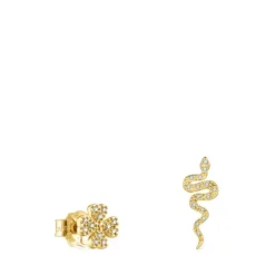 Brincos TOUS Good Vibes trevo - serpente em Ouro e Diamantes