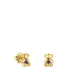 Brincos urso pequenos banhados a ouro de 18 K sobre prata e ametista Bold Bear