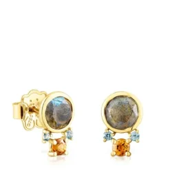 Brincos Virtual Garden em ouro com labradorite e pedras preciosas