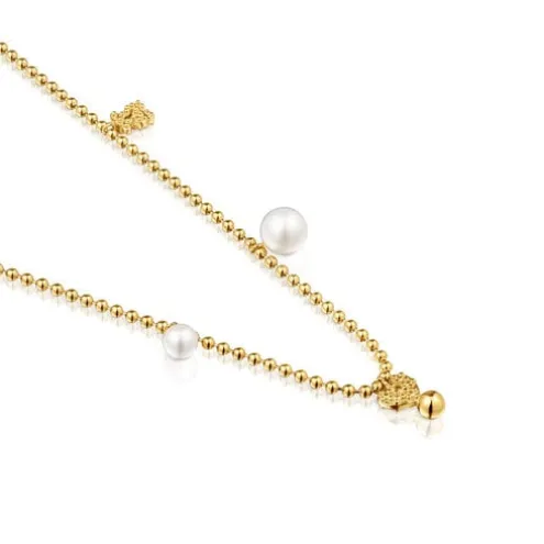 Colar curto banhado a ouro de 18 K sobre prata, pérolas cultivadas e motivos TOUS Grain