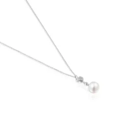 Colar curto coração em ouro branco com diamantes e pérola cultivada TOUS Grain