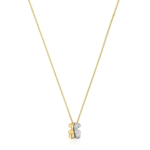 Colar curto duplo urso pequeno em ouro e ouro branco com diamantes Bold Bear