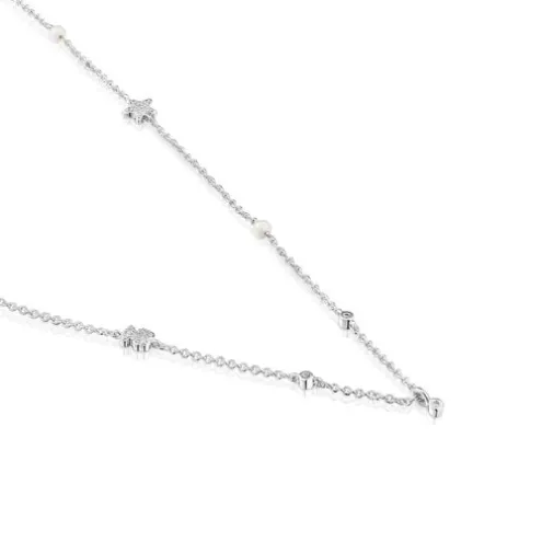 Colar curto em ouro branco com diamantes, pérolas cultivadas e motivos TOUS Grain
