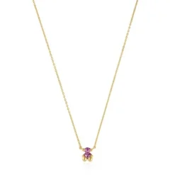 Colar curto motivo urso banhado a ouro de 18 K sobre prata e safira lilás criada em laboratório Color Bear LGG