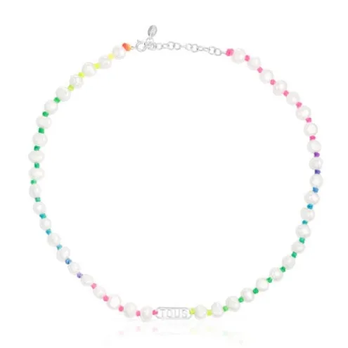 Colar em nylon multicolor, prata e pérolas cultivadas Logo