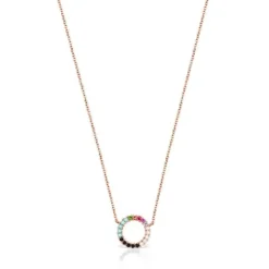 Colar Straight disco em Prata Vermeil rosa com Pedras Preciosas